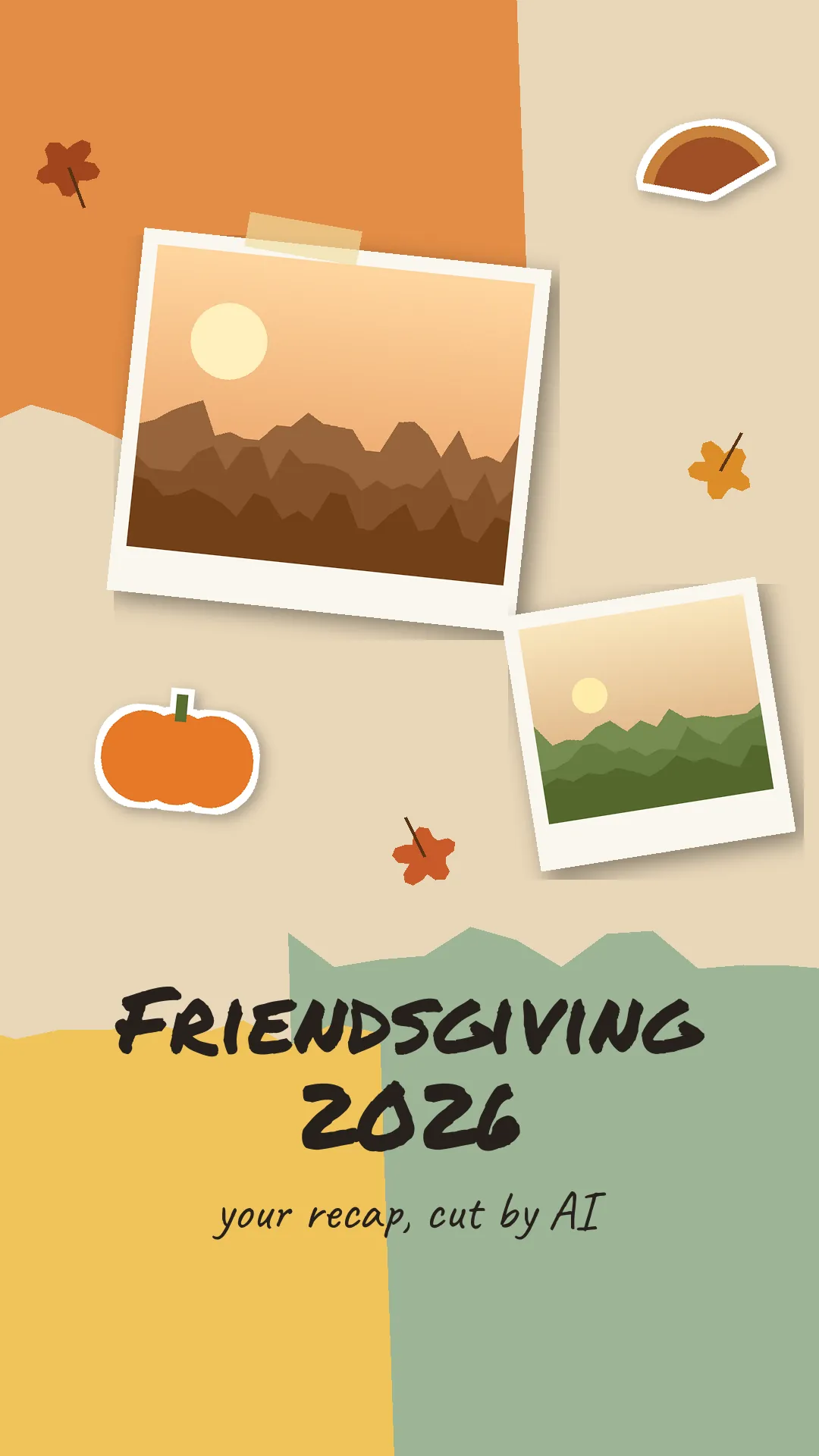 Friendsgiving video template cover: scrapbook collage of autumn photo prints, a pumpkin and leaves with the hand-lettered title Friendsgiving 2026