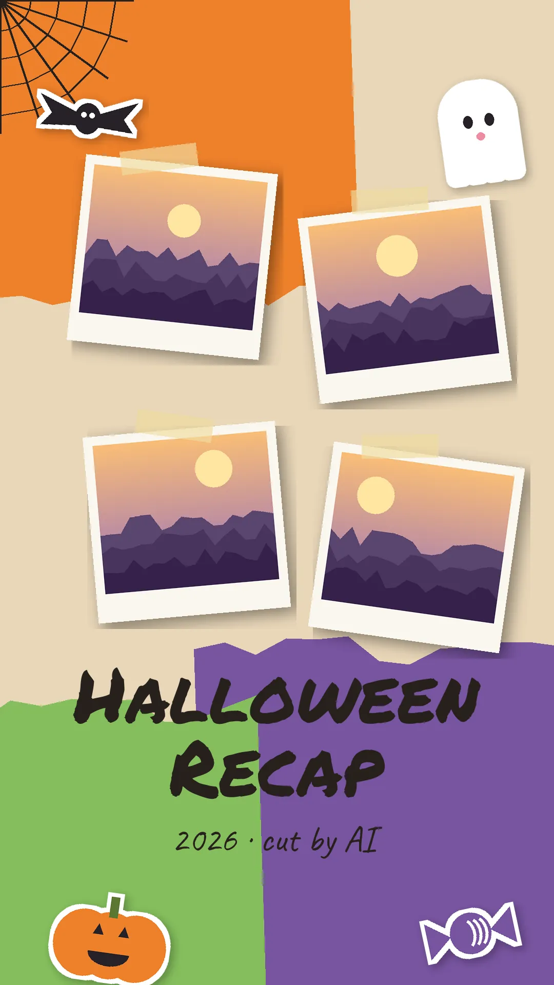 Halloween recap video template cover: scrapbook collage of moonlit photo prints with pumpkin, ghost, bat and candy stickers and the hand-lettered title Halloween Recap