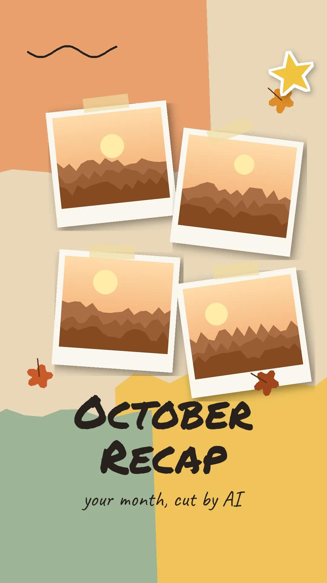 Monthly recap video template cover: scrapbook collage of autumn photo prints and leaves with the hand-lettered title October Recap