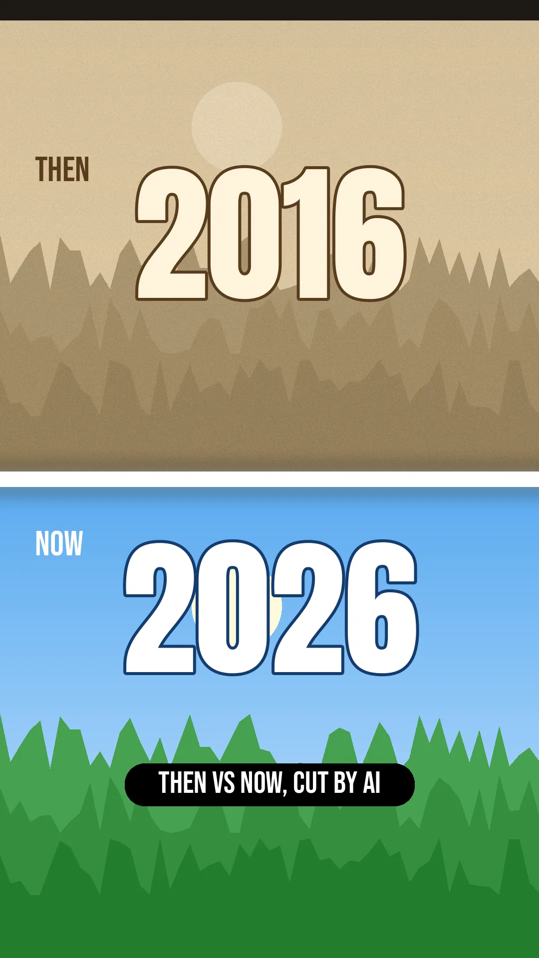 Then vs now video template cover: a sepia landscape labelled THEN 2016 above a bright green landscape labelled NOW 2026