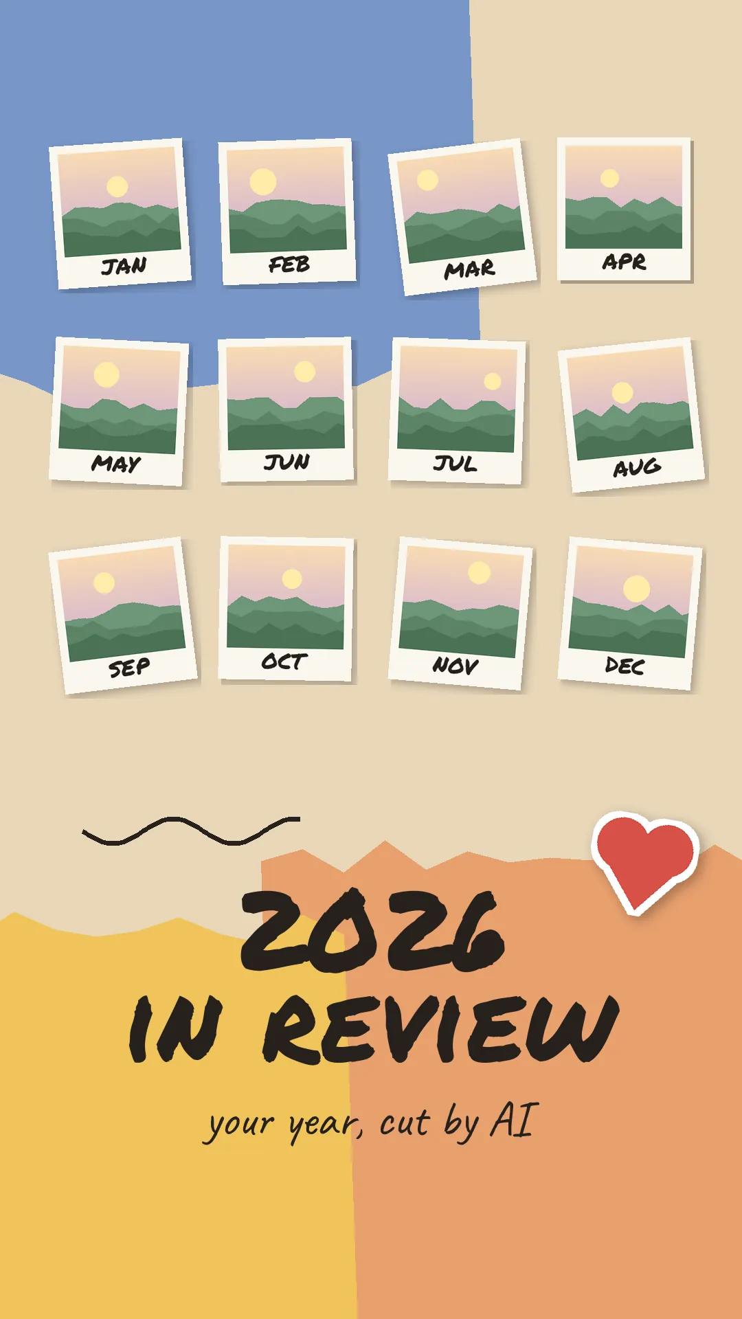 Year in review video template cover: scrapbook grid of twelve small monthly photos with the hand-lettered title 2026 in review